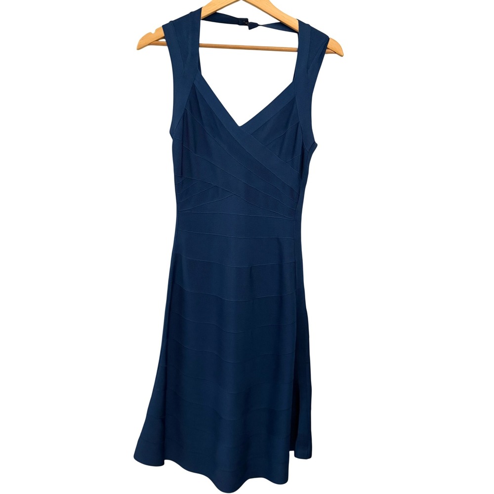 Herve Leger Bandage Dress Womens Small Teal Blue‎ Excellent Fit and Flare V-Neck